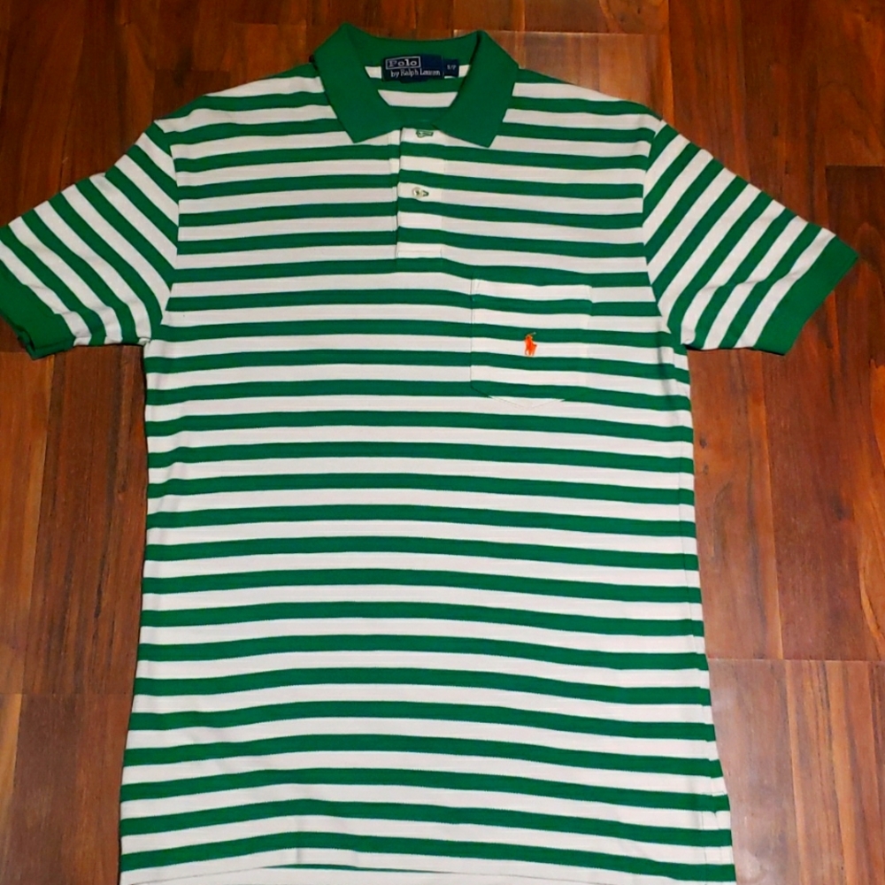 Polo by Ralph Lauren Golf Shirt Striped Green White Orange Logo